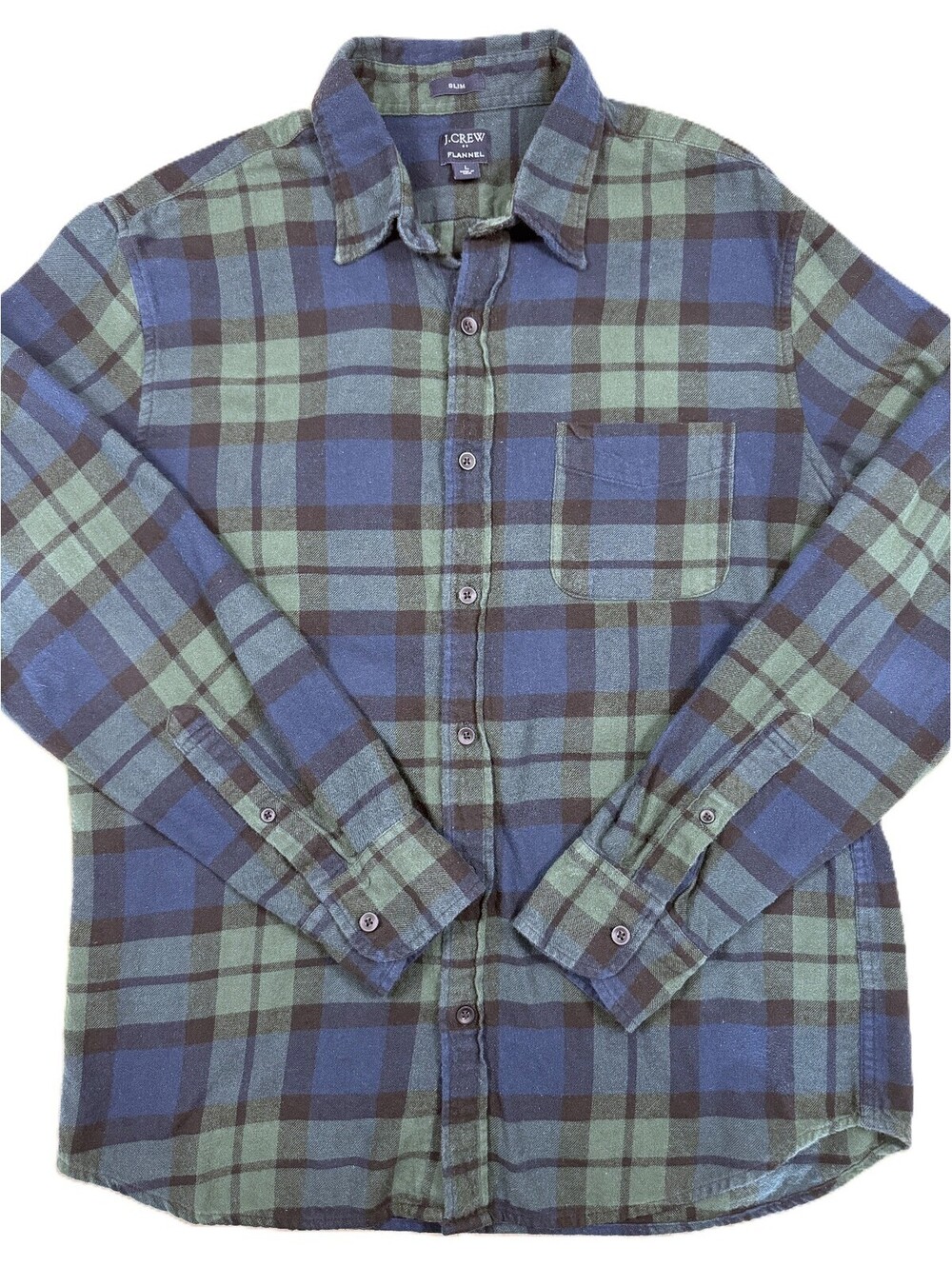 J. Crew Men's Long Sleeve Flannel Shirt Large Blue Green Plaid Slim